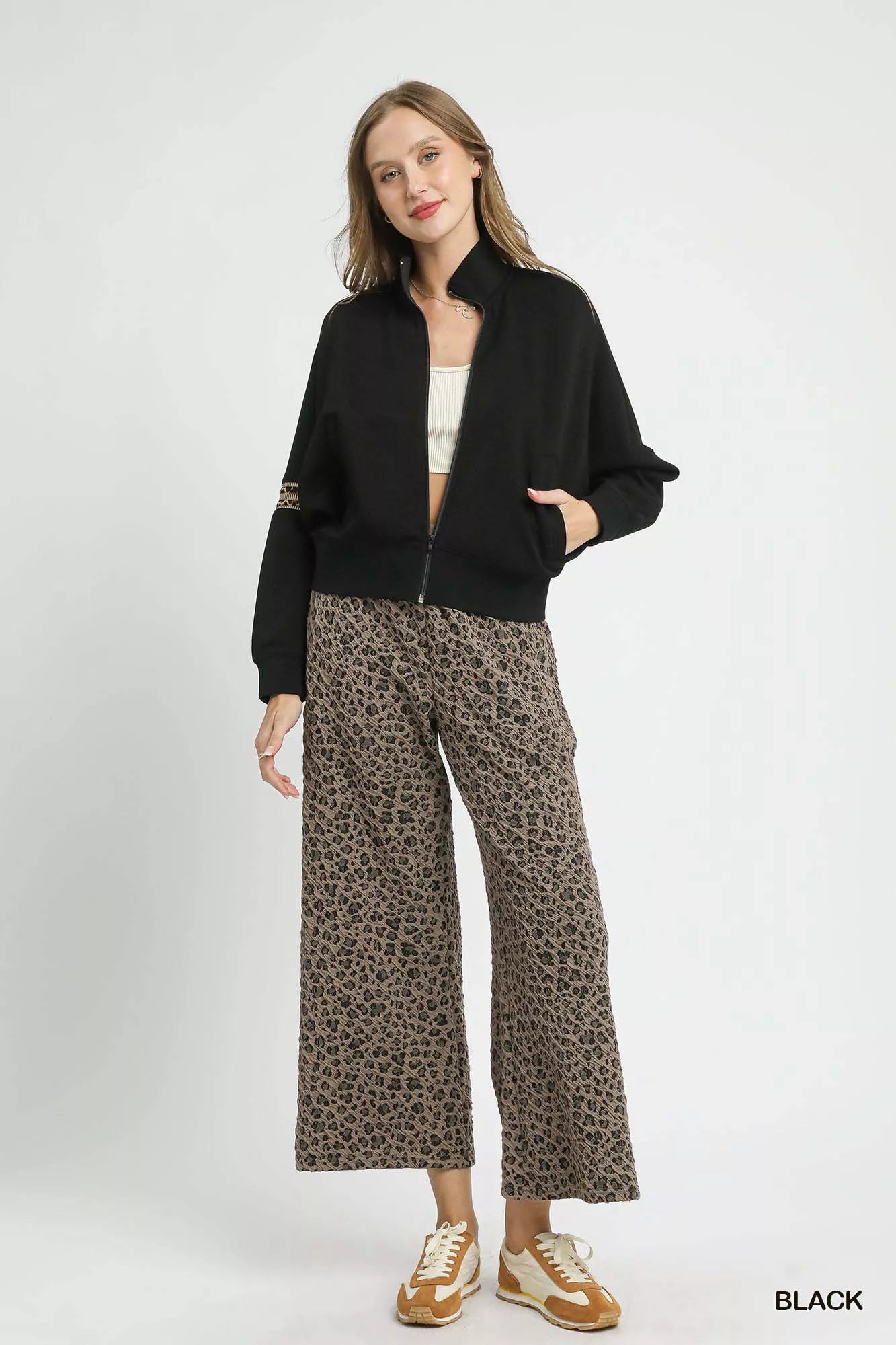 Umgee Umgee Zipper Up Cropped Jacket with Leopard Trim