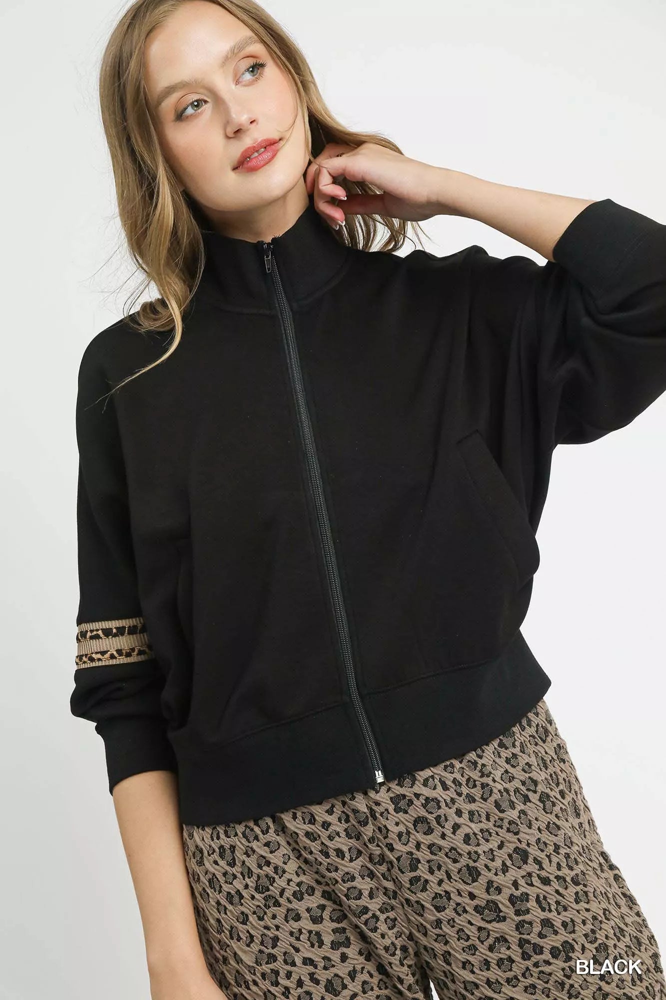 Umgee Umgee Zipper Up Cropped Jacket with Leopard Trim