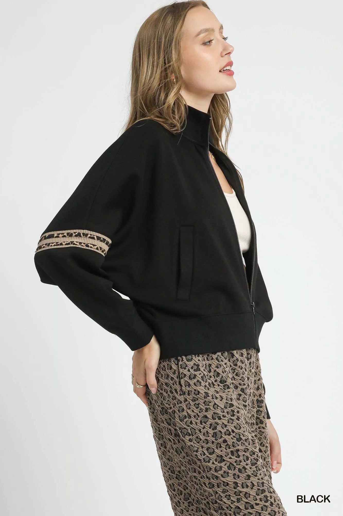 Umgee Umgee Zipper Up Cropped Jacket with Leopard Trim