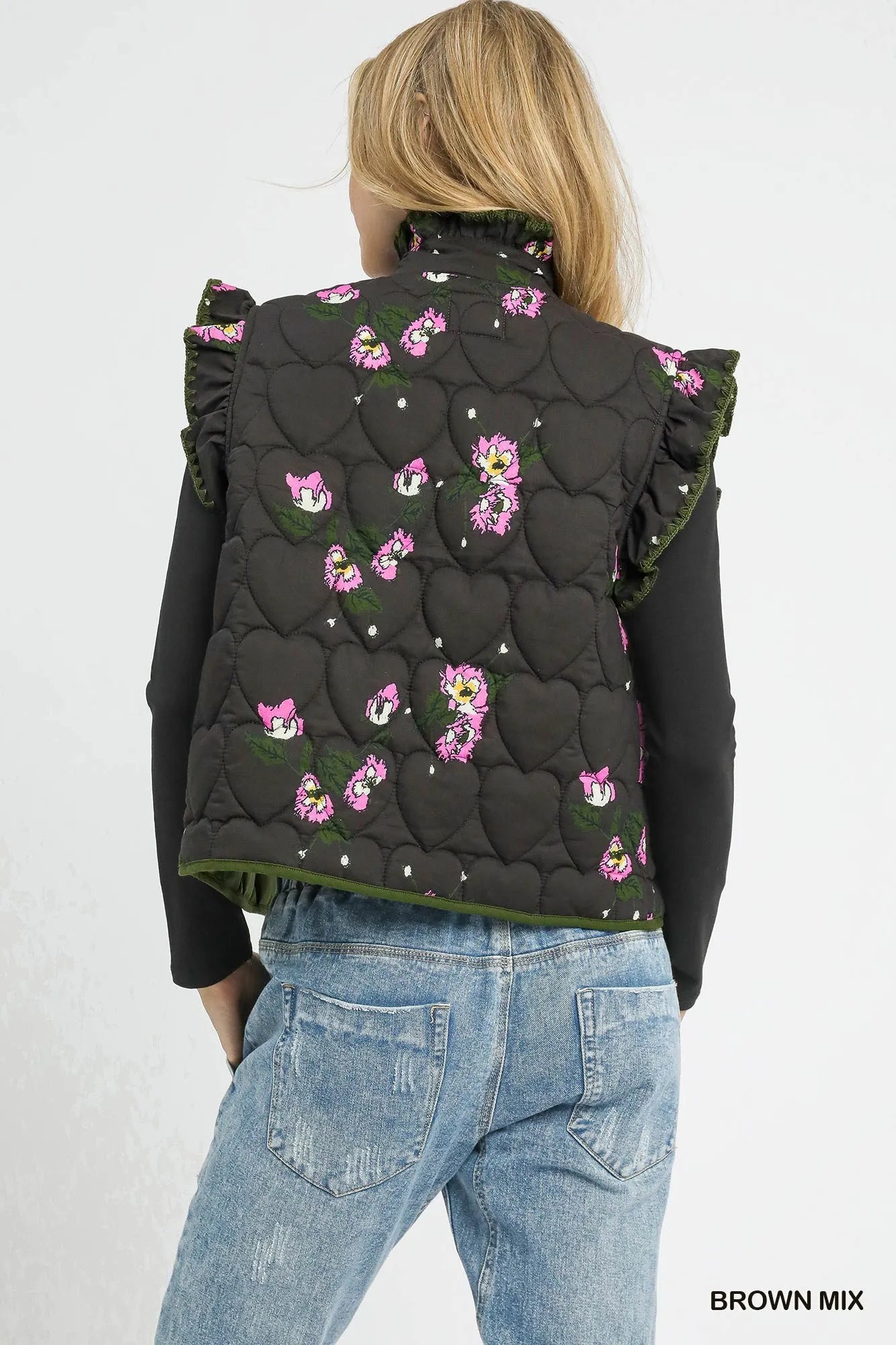 Umgee Vests Umgee Ruffled Quilted Floral Snap Down Vest