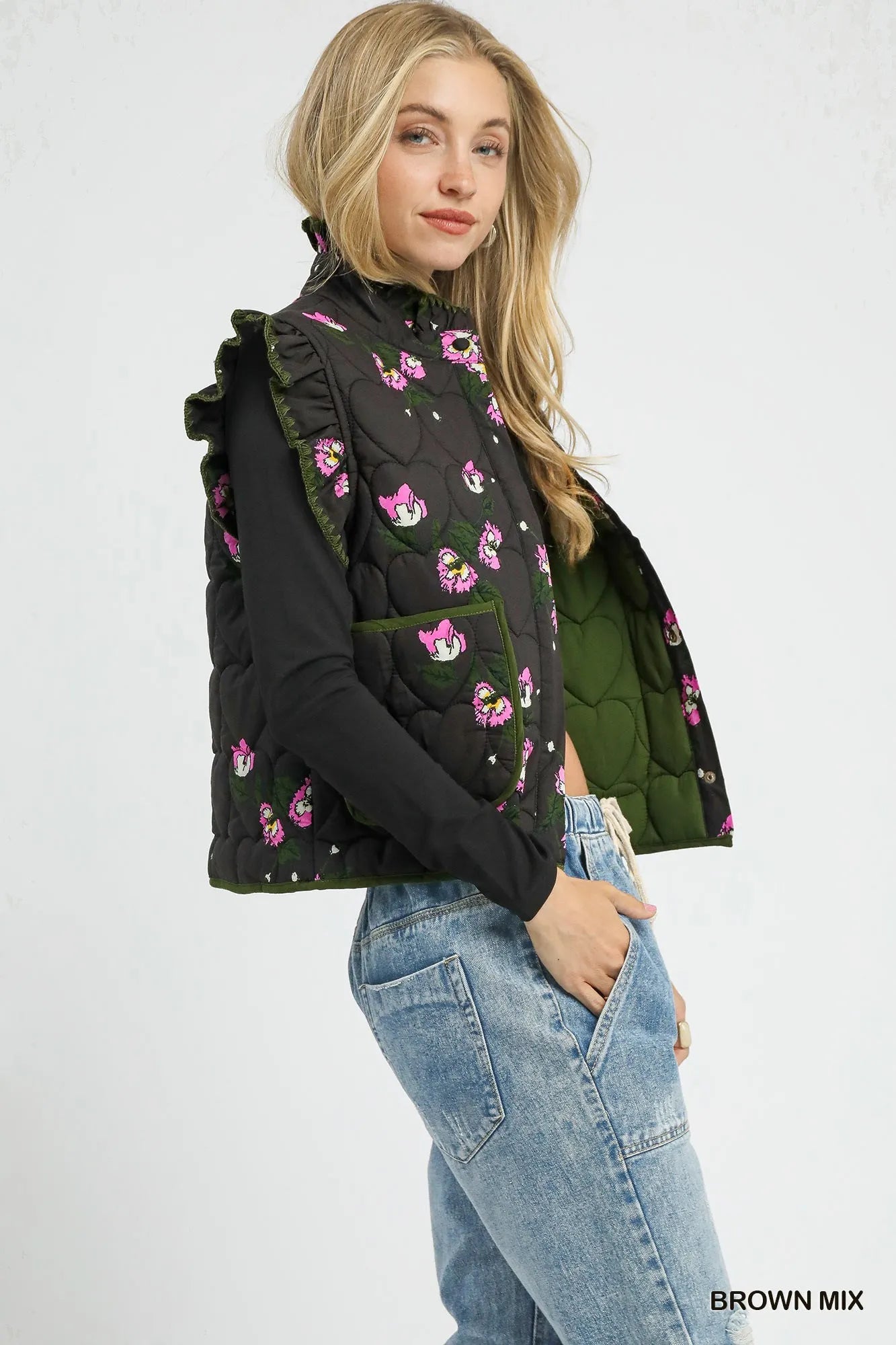 Umgee Vests Umgee Ruffled Quilted Floral Snap Down Vest