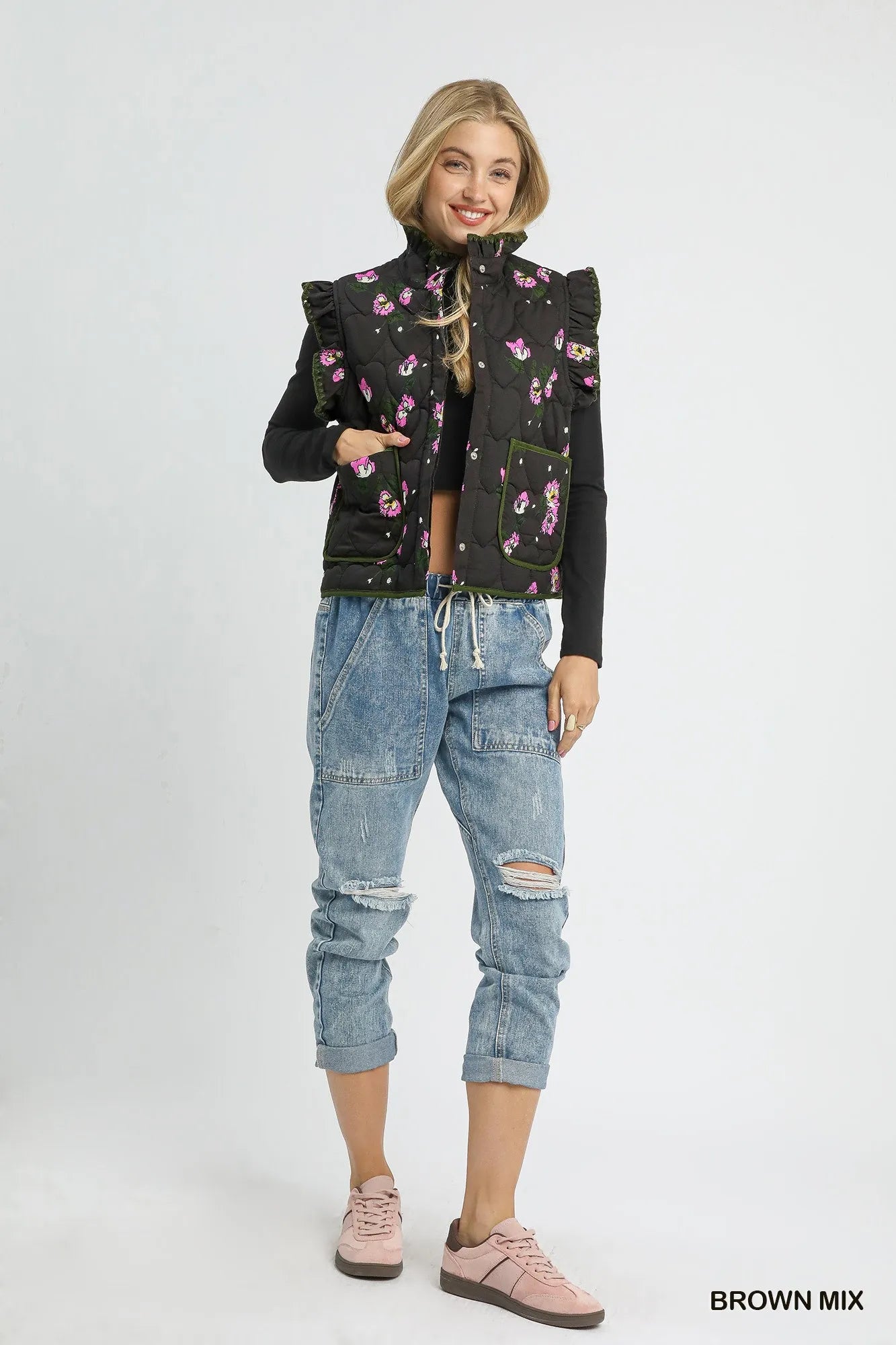 Umgee Vests Umgee Ruffled Quilted Floral Snap Down Vest