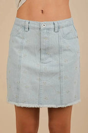 Very J Lt Indigo / S VERY J Bow Printed Casual Denim Mini Skirt