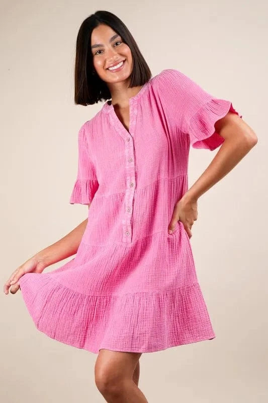 Very J Mini Dresses Pink / 1XL VERY J Plus Size Mineral Washed Woven Mini Dress
