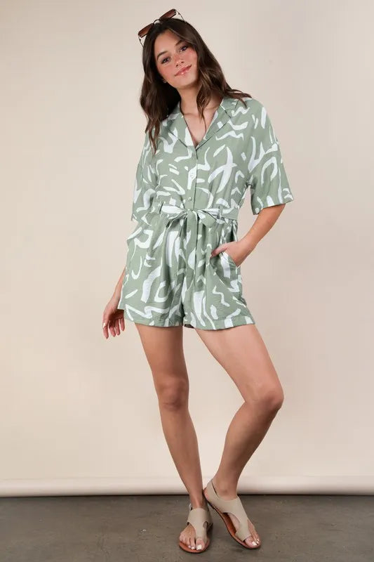 Very J Sage / S VERY J Oversized Printed Button Down Resort Romper