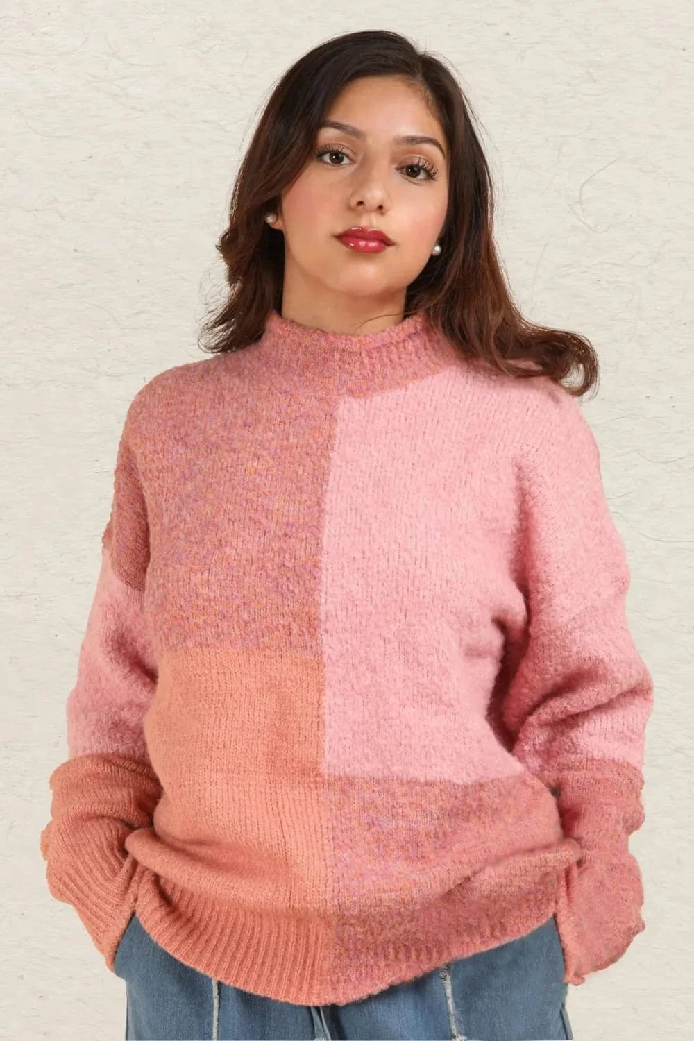 Very J Sweater Dresses Pink / S VERY J Color Block Mock Neck Drop Shoulder Sweater