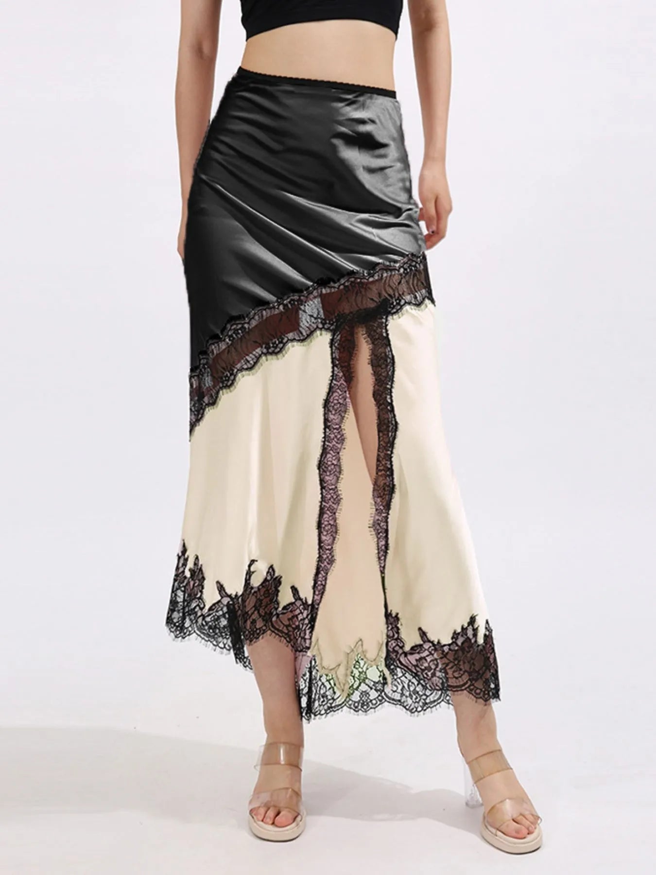 Vibrant Apricot / S Lace Trim Asymmetrical Midi Skirt