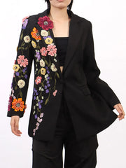 Vibrant Blazers Black / M Pearl Detail Flower Lapel Collar Blazer