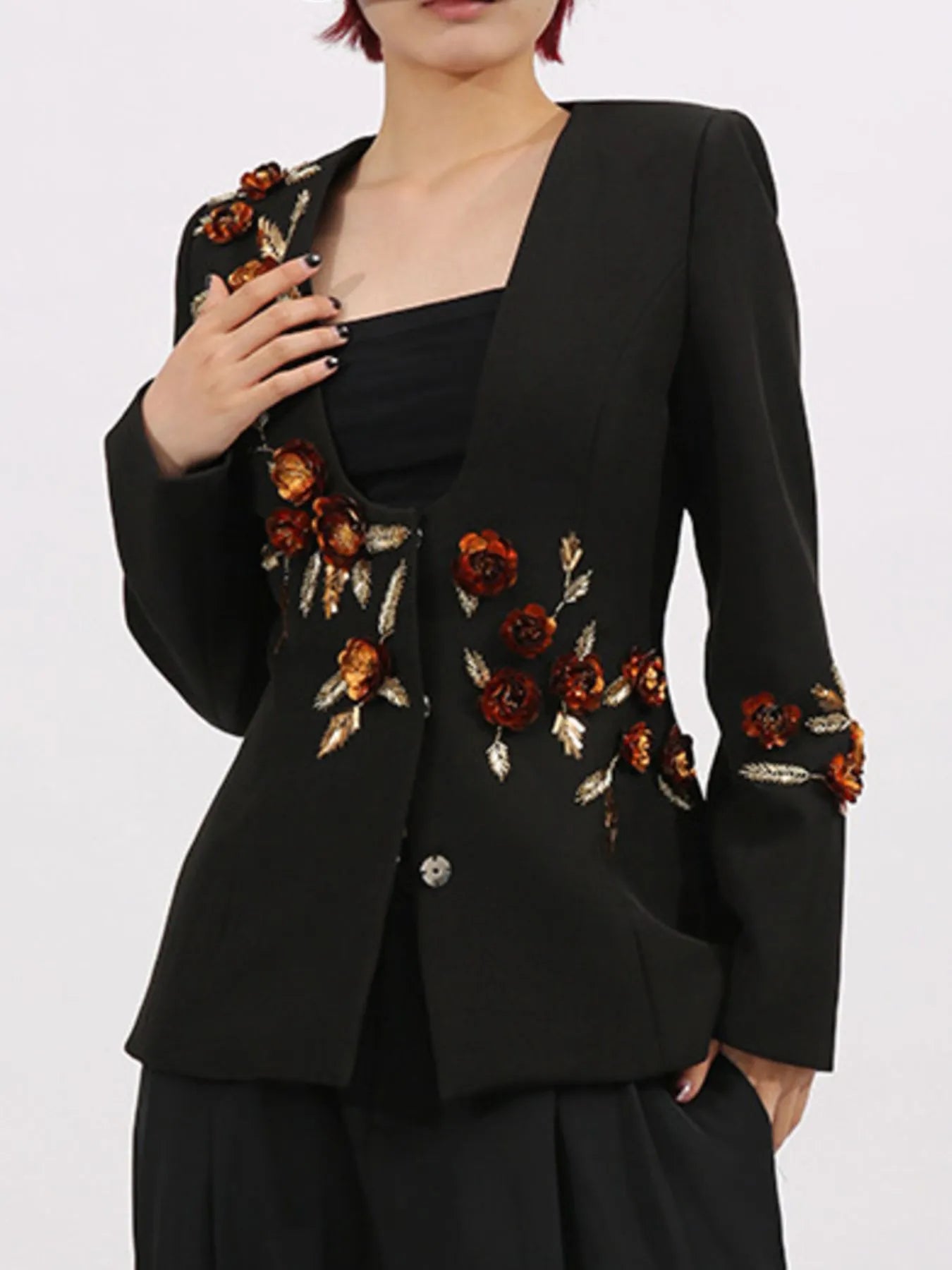 Vibrant Blazers Black / S Embroidered Long Sleeve Blazer
