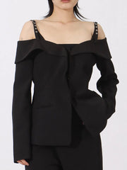 Vibrant Blazers Black / S Ruffled Cold Shoulder Long Sleeve Outerwear