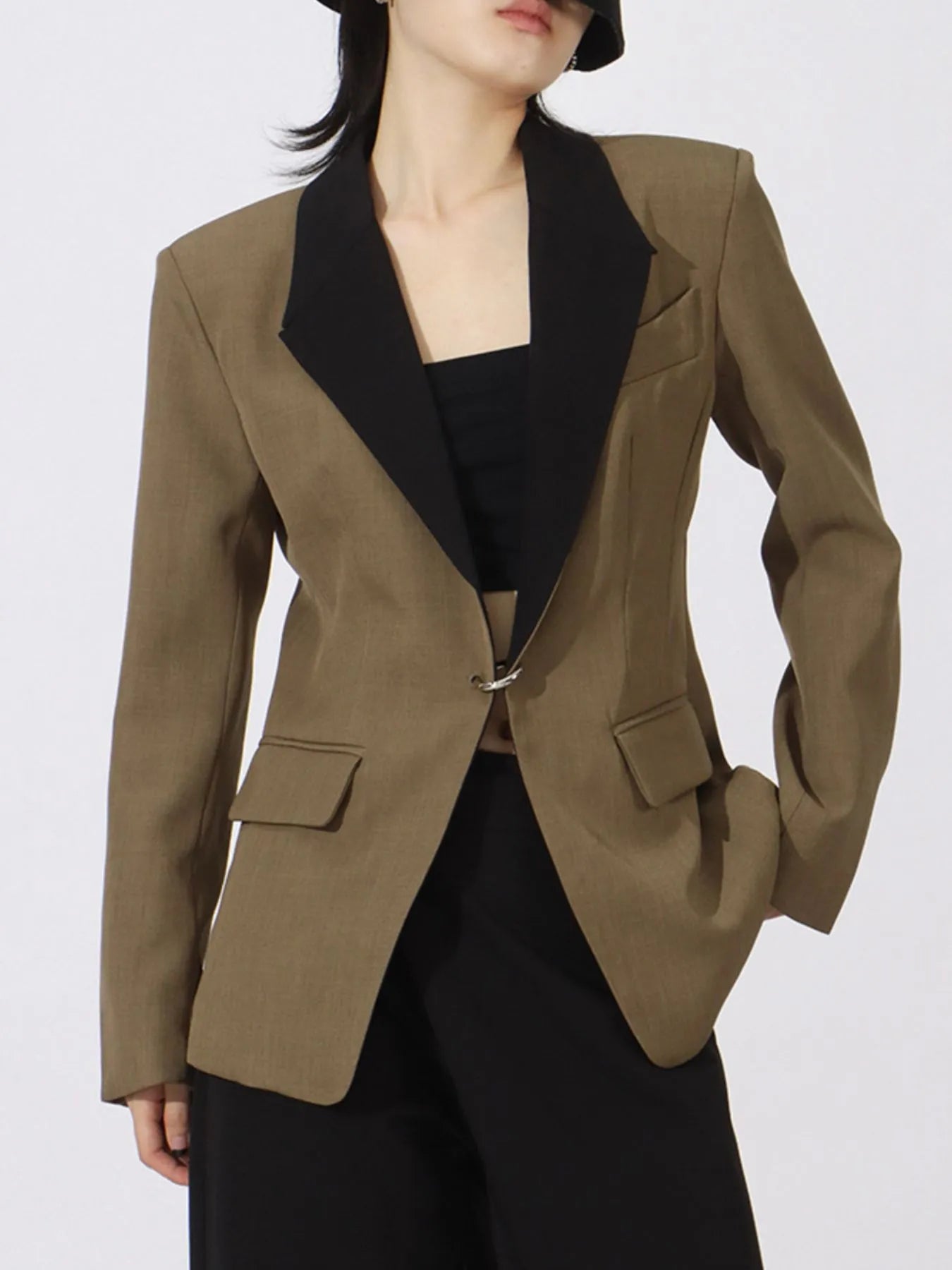 Vibrant Blazers Khaki Green / S Contrast Lapel Collar Long Sleeve Blazer