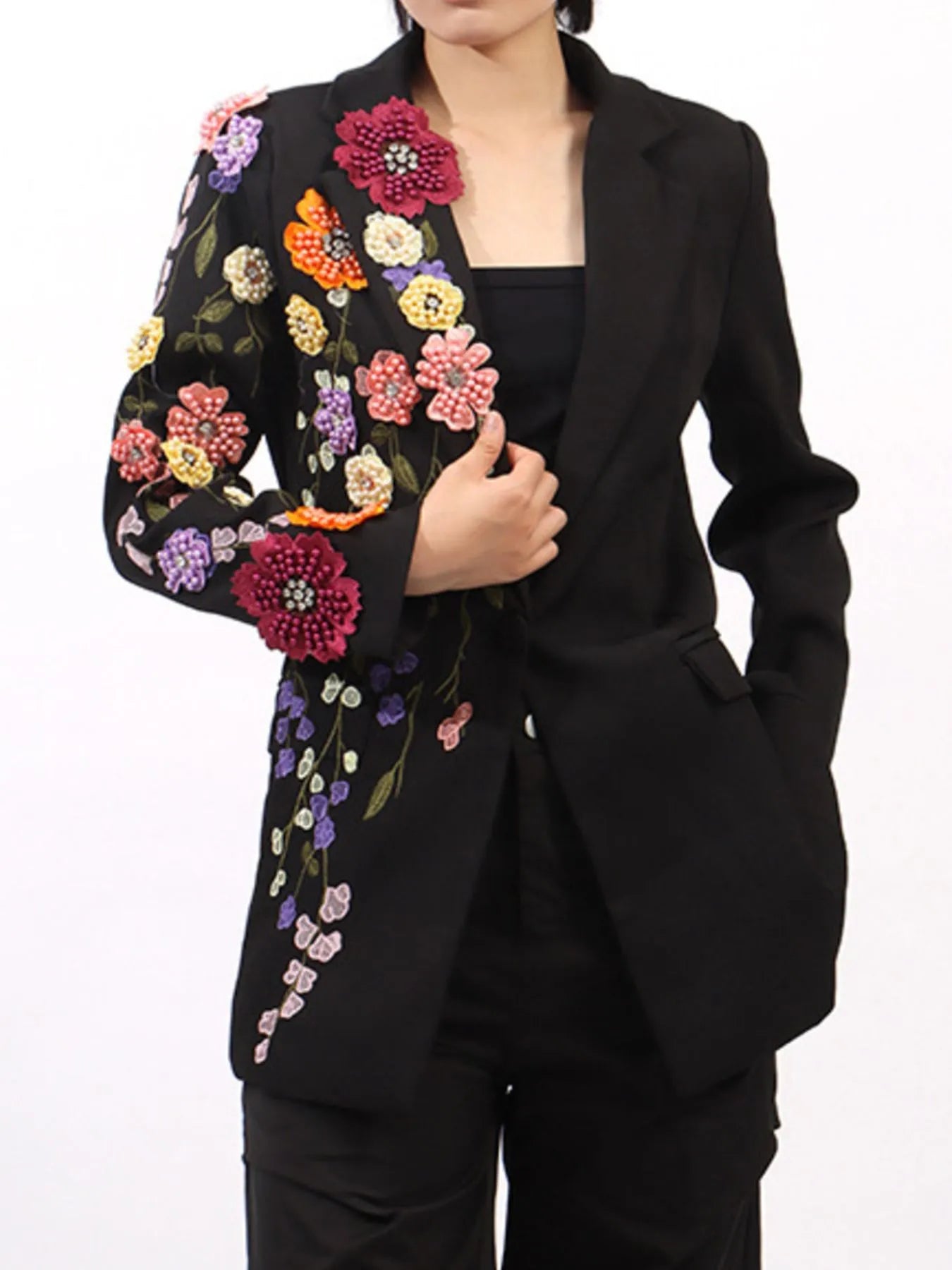 Vibrant Blazers Pearl Detail Flower Lapel Collar Blazer