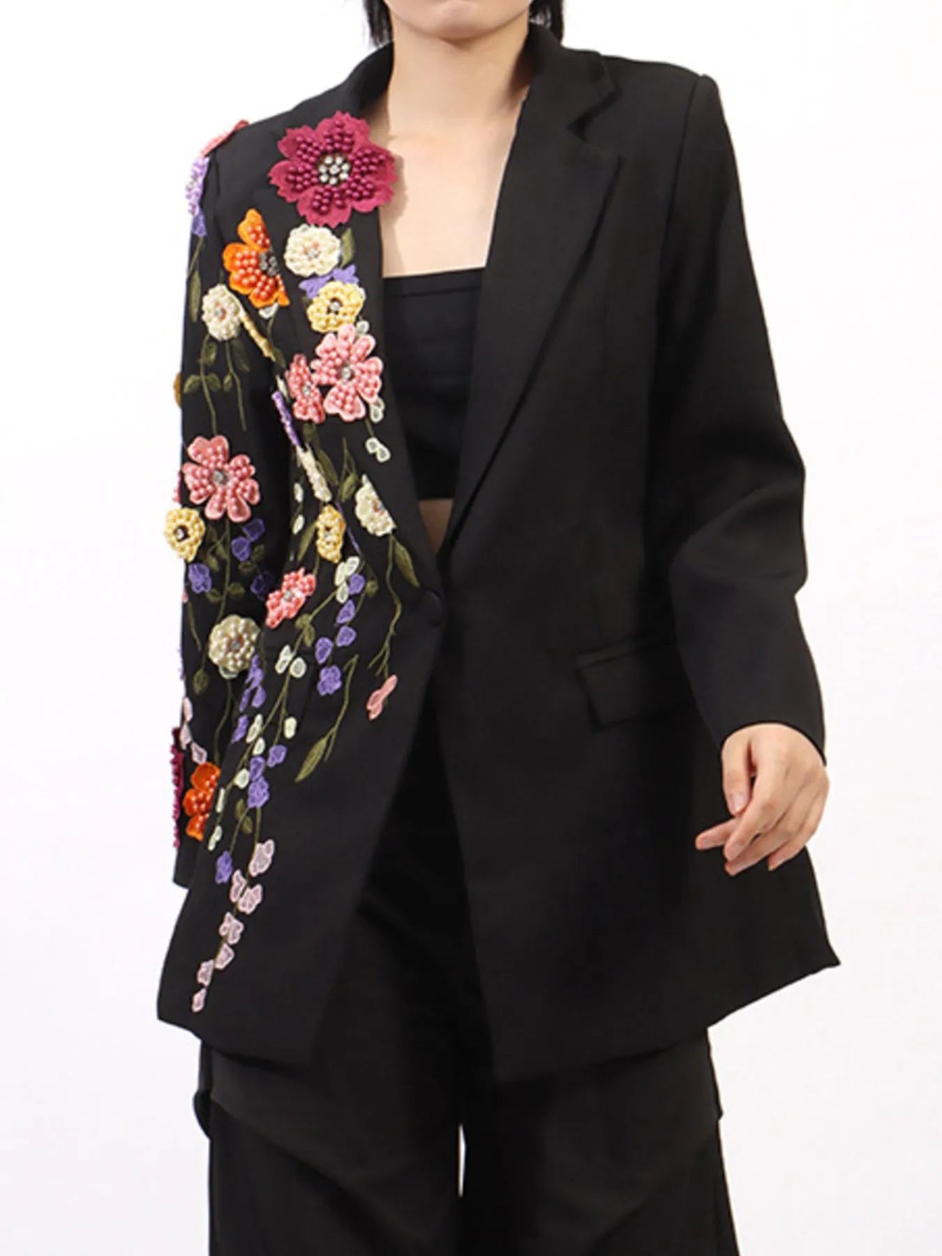 Vibrant Blazers Pearl Detail Flower Lapel Collar Blazer