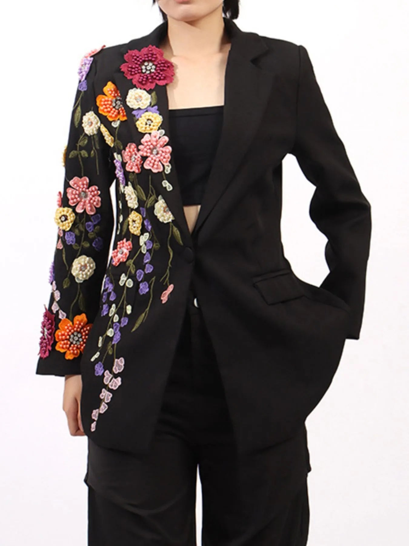Vibrant Blazers Pearl Detail Flower Lapel Collar Blazer