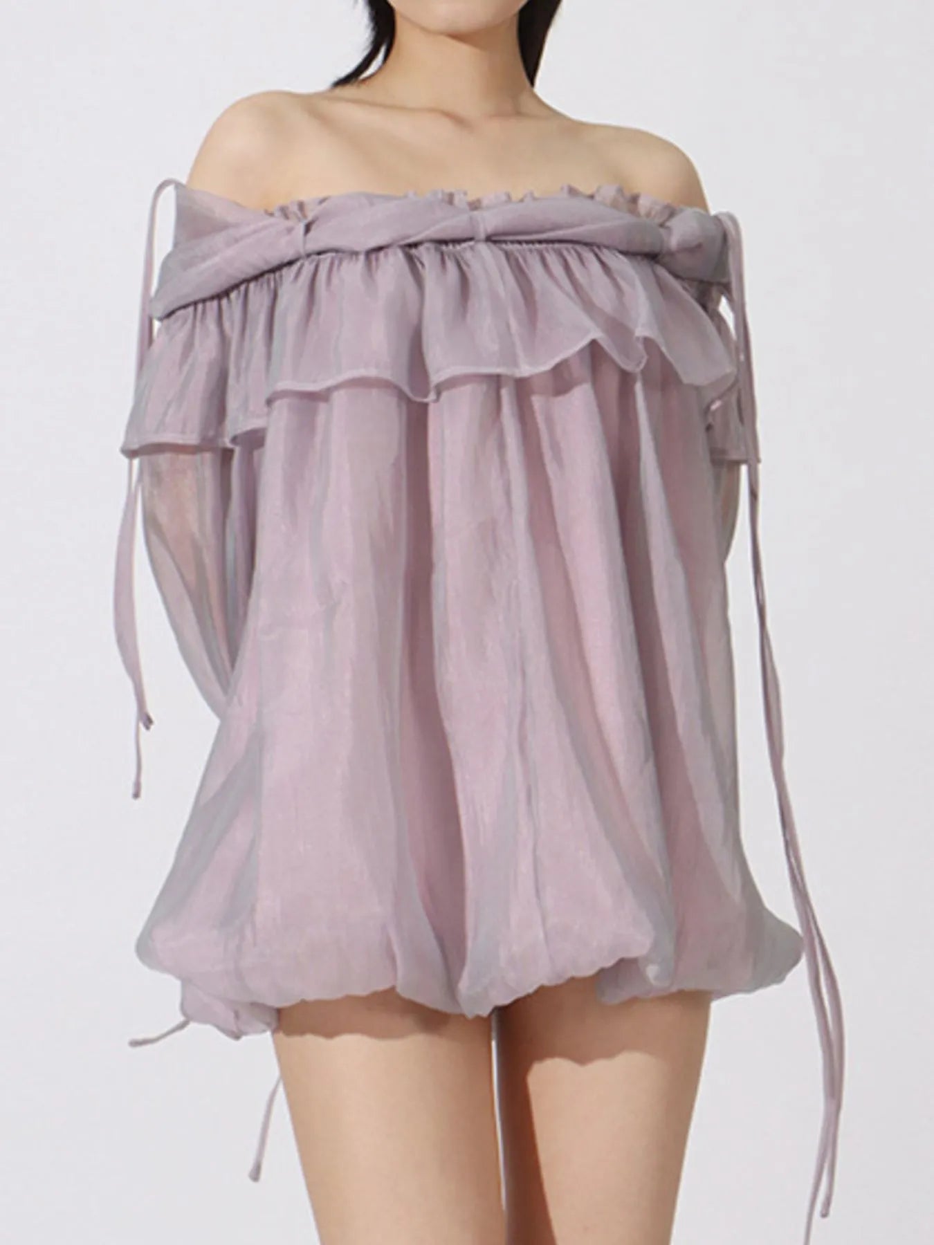 Vibrant Light Purple / S Ruffled Off-Shoulder Flounce Sleeve Blouse