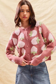 Vibrant MARSALA / S SO ME Strawberry Fruit All Over Button Sweater Cardigan