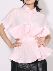 Vibrant Pink / S Ruffle Peplum Button-Down Shirt