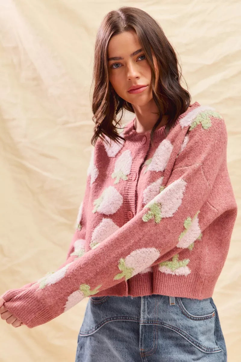 Vibrant SO ME Strawberry Fruit All Over Button Sweater Cardigan