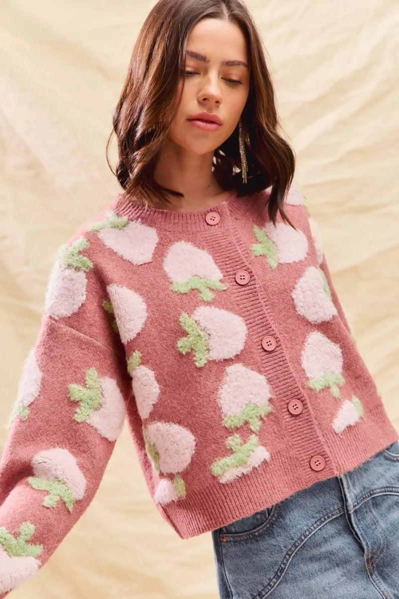 Vibrant SO ME Strawberry Fruit All Over Button Sweater Cardigan