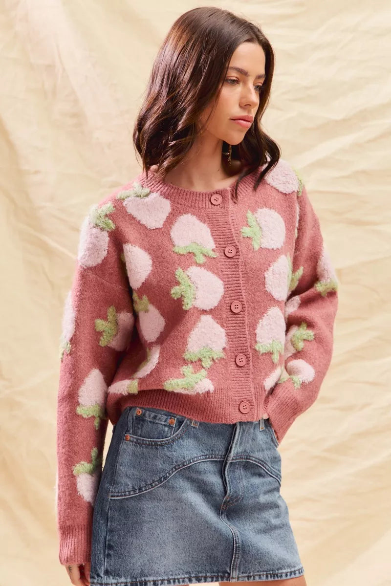 Vibrant SO ME Strawberry Fruit All Over Button Sweater Cardigan
