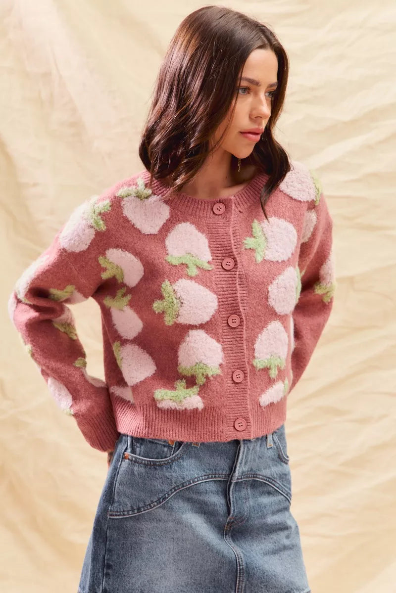Vibrant SO ME Strawberry Fruit All Over Button Sweater Cardigan