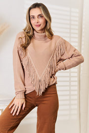 Woven Right Sweater Dresses Camel / S Woven Right Turtleneck Fringe Front Long Sleeve Sweater