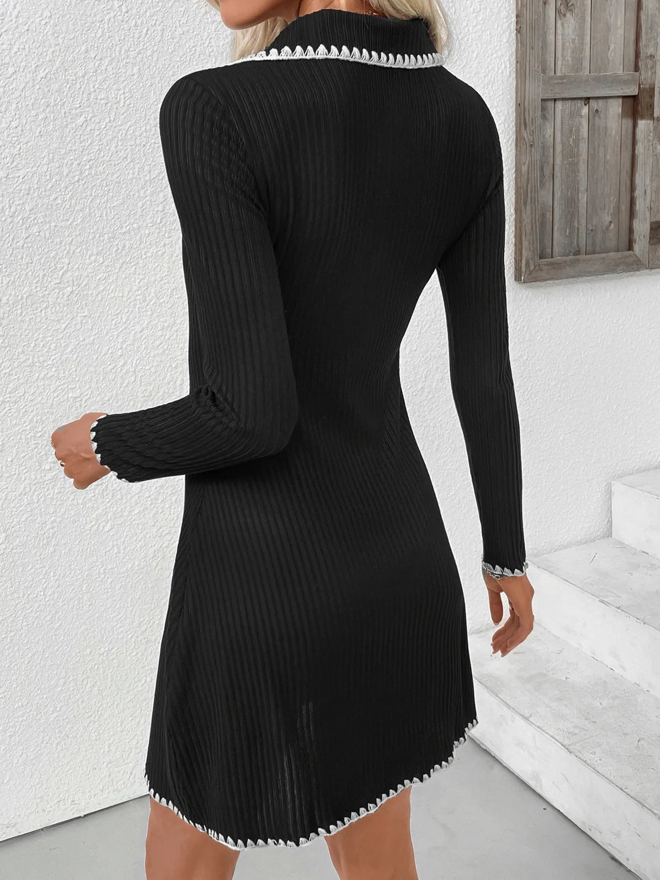 Woven Right Sweater Dresses Contrast Trim Texture Long Sleeve Sweater Dress