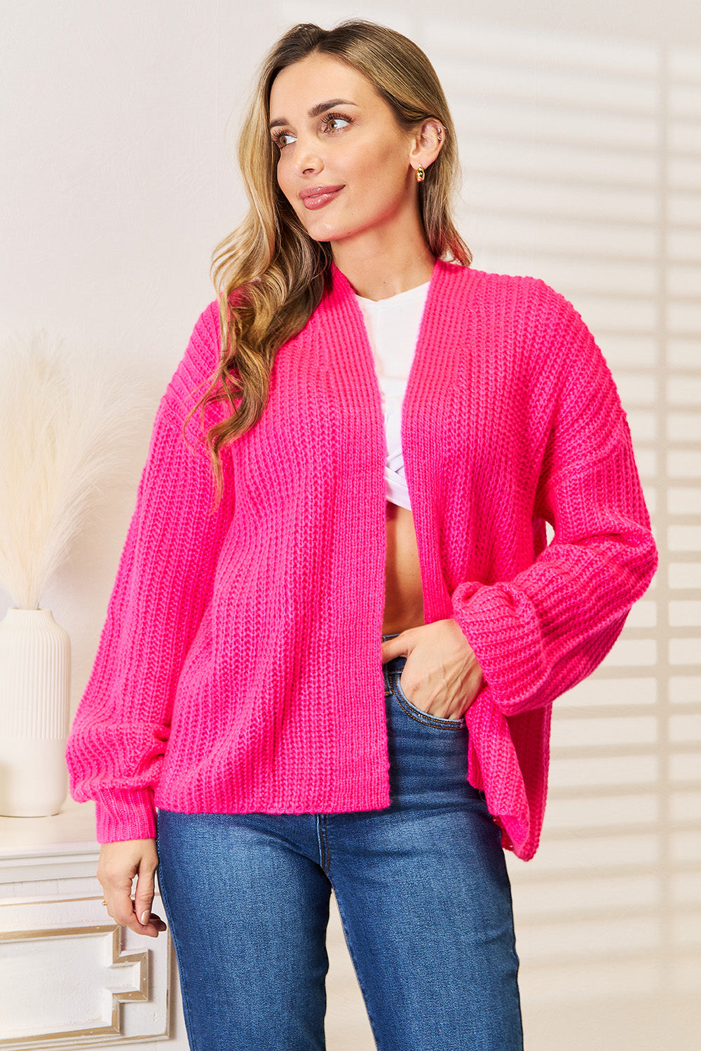 Woven Right Woven Right Rib-Knit Open Front Drop Shoulder Cardigan
