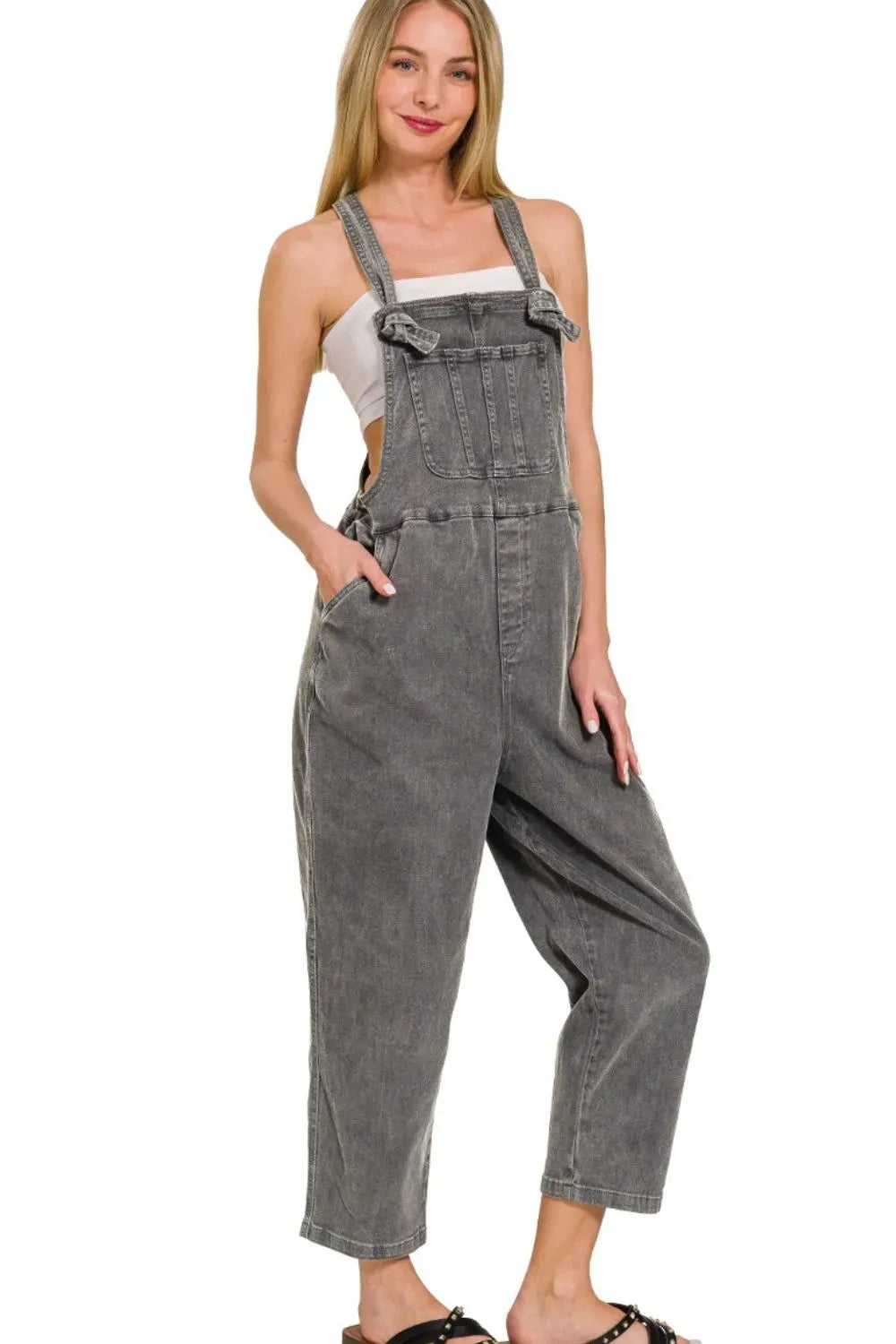 Zenana ASH BLACK / S Zenana Washed Knot Strap Relaxed Fit Overalls
