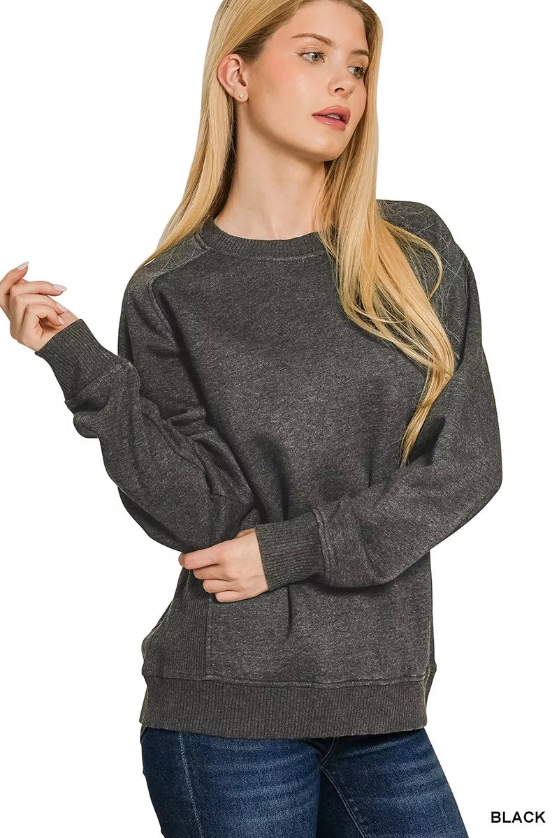 Zenana BLACK / S Zenana Acid Washed Fleece Sweatshirt with Side Rib