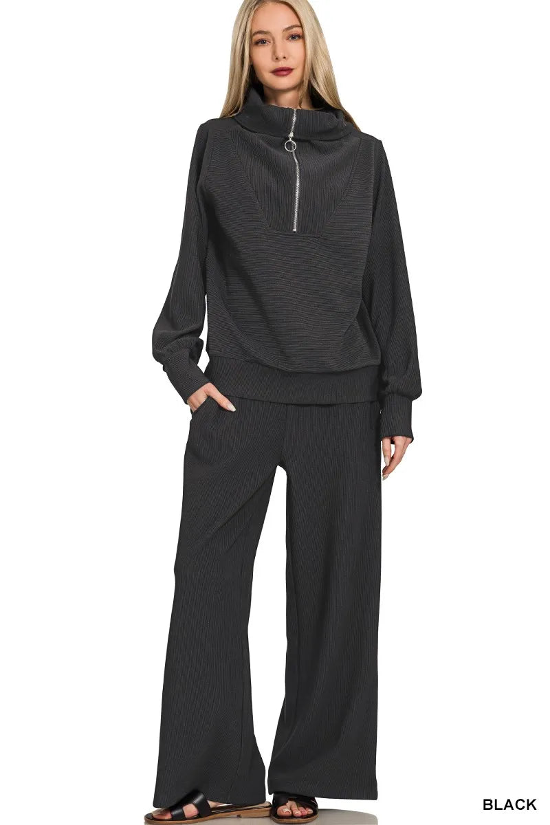 Zenana BLACK / S Zenana Ribbed High Neck Half Zip Pullover & Pants Set