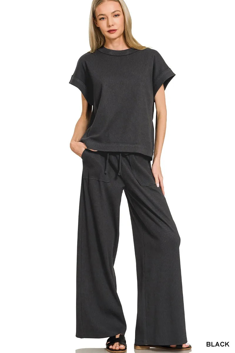 Zenana BLACK / S Zenana Ribbed Short Sleeve Tee and Pants Set