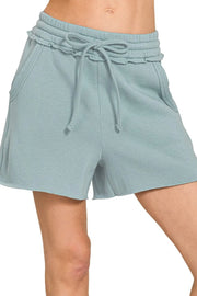 Zenana BLUE GREY / S Zenana Fleece Raw Hem Shorts With Draw String