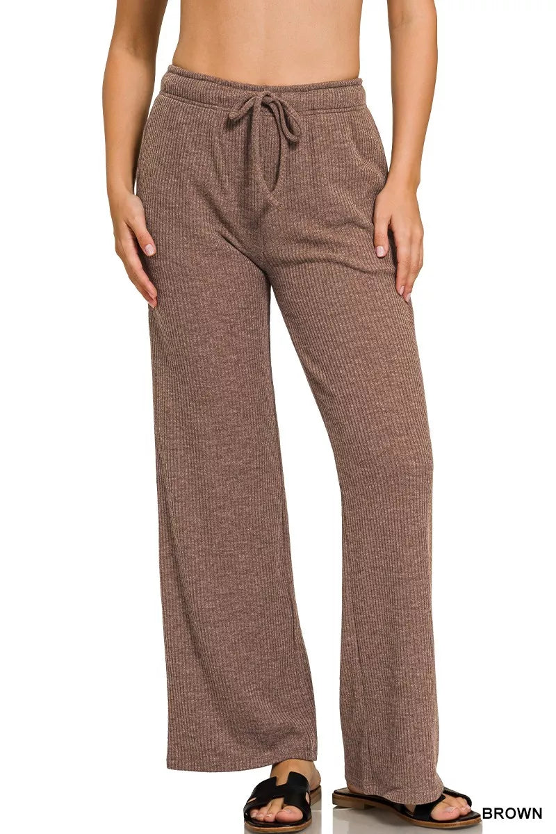Zenana BROWN / S Zenana Ribbed Drawstring Lounge Pants