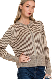 Zenana BROWN / S Zenana Ribbed Two Tone Zip Up Sweater Cardigan
