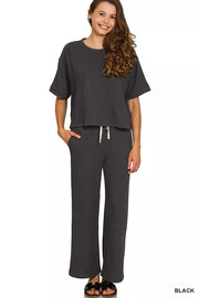 Zenana Clothing & Accessories BLACK / S Zenana Raised Rib Short Sleeve Tee & Pants Set