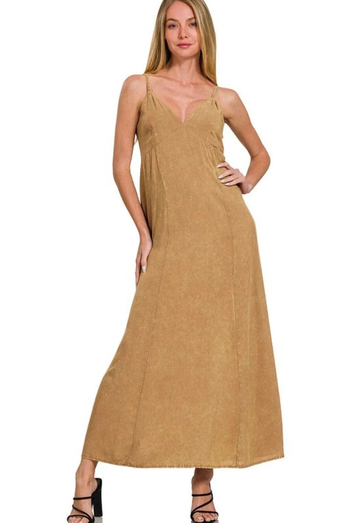 Zenana dresses DEEP CAMEL / S Zenana Mineral Washed Rayon Challis Cami Dress