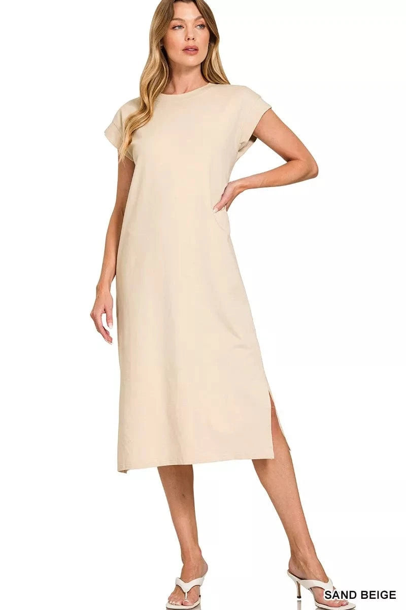 Zenana dresses SAND BEIGE / S Zenana Round Neck Side Slit Midi Dress