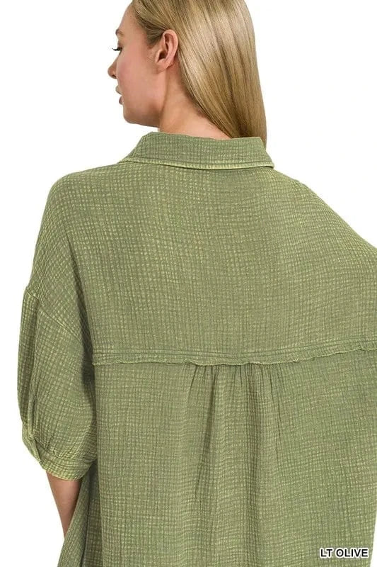 Zenana dresses Zenana Washed Double Gauze Button Down Shirt Dress