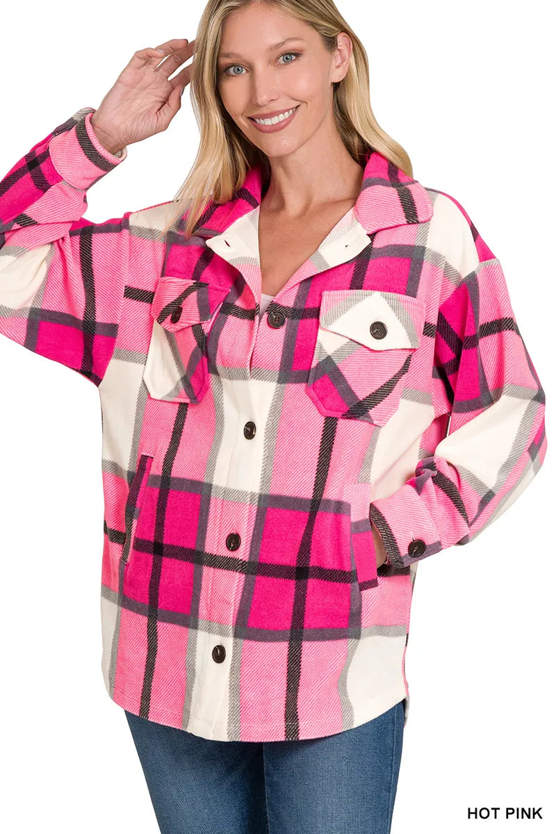 Zenana HOT PINK / S Women’s Oversized Pink Plaid Fleece Shacket with Pockets