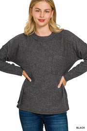 Zenana Knit Tops BLACK / S Zenana Ribbed Brushed Melange Hacci Sweater with Chest Pocket