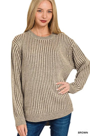 Zenana Knit Tops BROWN / S Zenana Curved Hem Two-Tone Ribbed Sweater
