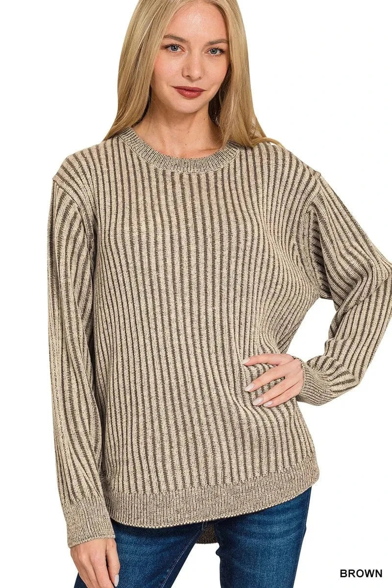 Zenana Knit Tops BROWN / S Zenana Curved Hem Two-Tone Ribbed Sweater