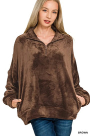 Zenana Knit Tops BROWN / S Zenana Faux Fur Half Zip Pocket Pullover