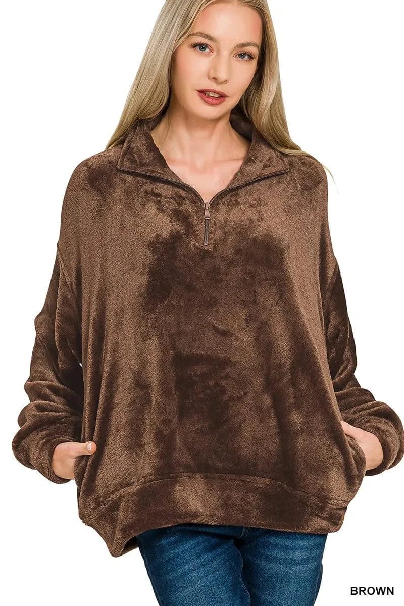 Zenana Knit Tops BROWN / S Zenana Faux Fur Half Zip Pocket Pullover