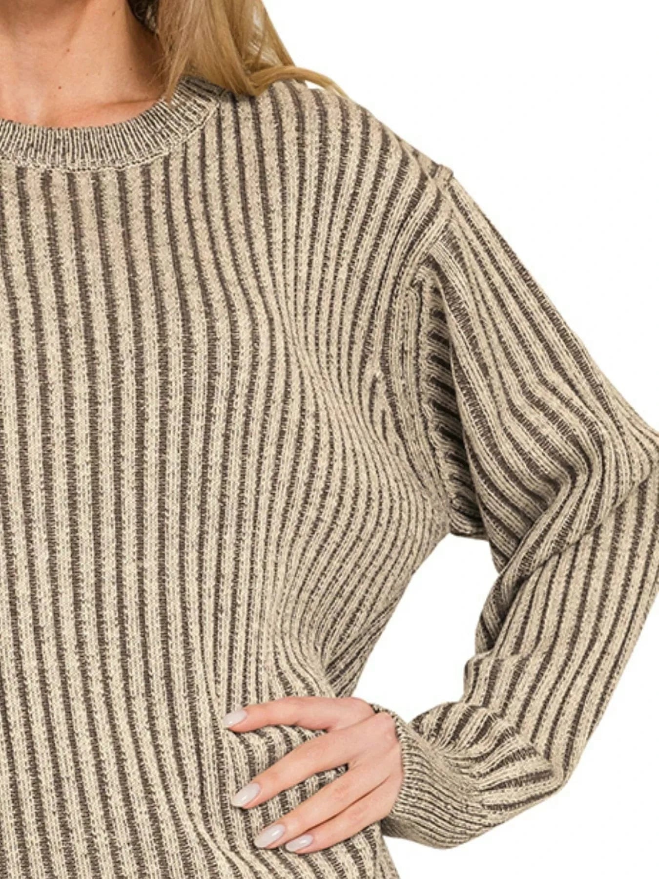 Zenana Knit Tops Zenana Curved Hem Two-Tone Ribbed Sweater