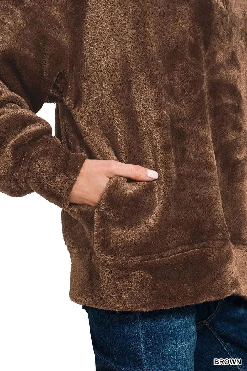 Zenana Knit Tops Zenana Faux Fur Half Zip Pocket Pullover