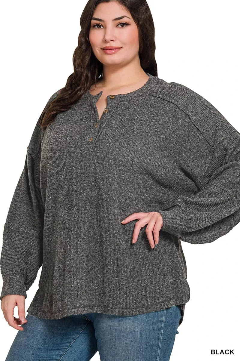 Zenana Knit Tops Zenana Full Size Ribbed Brushed Hacci Melange Henley Sweater Plus Size