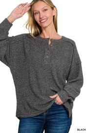 Zenana Knit Tops Zenana Full Size Ribbed Brushed Hacci Melange Henley Sweater Plus Size