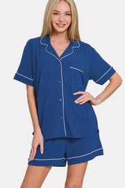 Zenana Lounge Zenana Button Down Short Sleeve Top and Shorts Lounge Set
